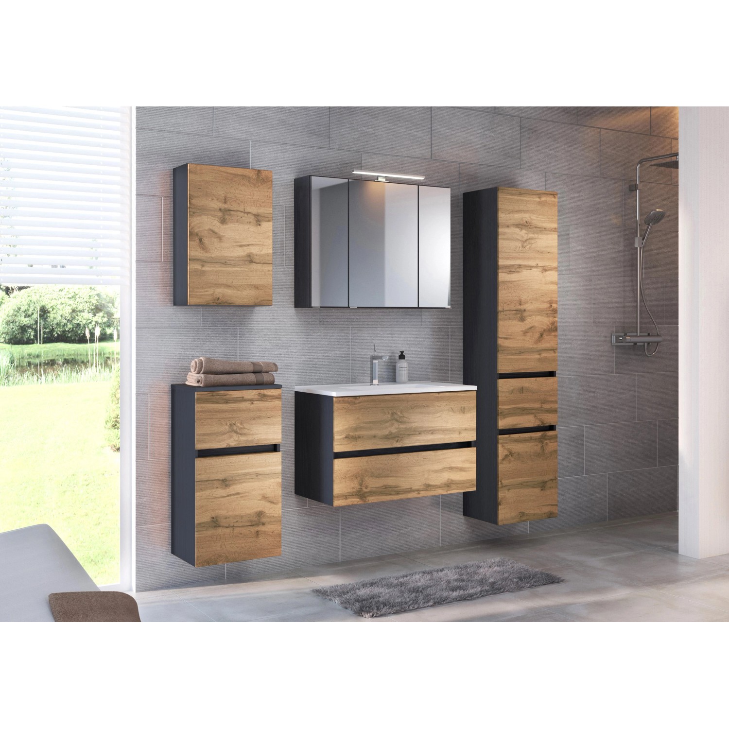 Held Möbel Einzelwaschtisch Bari 100 cm Eiche Natur Matt mit Unterschrank und Spiegelschrank.