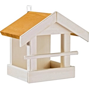 Vogelfutterhaus Pinie Weiß aus Holz, mit Haken zum Aufhängen. Futterspender für Wildvögel.