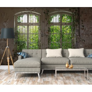 Fototapete Steinwand mit Fenster und Grünpflanzen, Industrial Look, 3,50x2,55m.