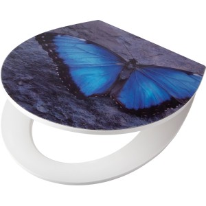 Weißer WC-Sitz Itata mit blauem Schmetterling und Absenkautomatik von baliv.