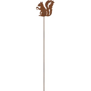 Gartenstecker Eichhörnchen aus Metall in Rostoptik, 85cm hoch, für Gartendekoration.
