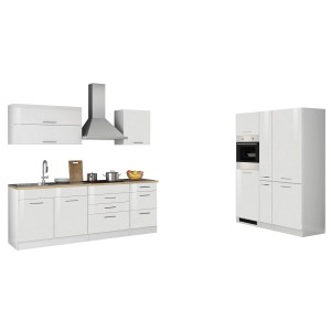 Moderne, weiße Hochglanz Küchenzeile Mailand 380 cm mit E-Geräten.