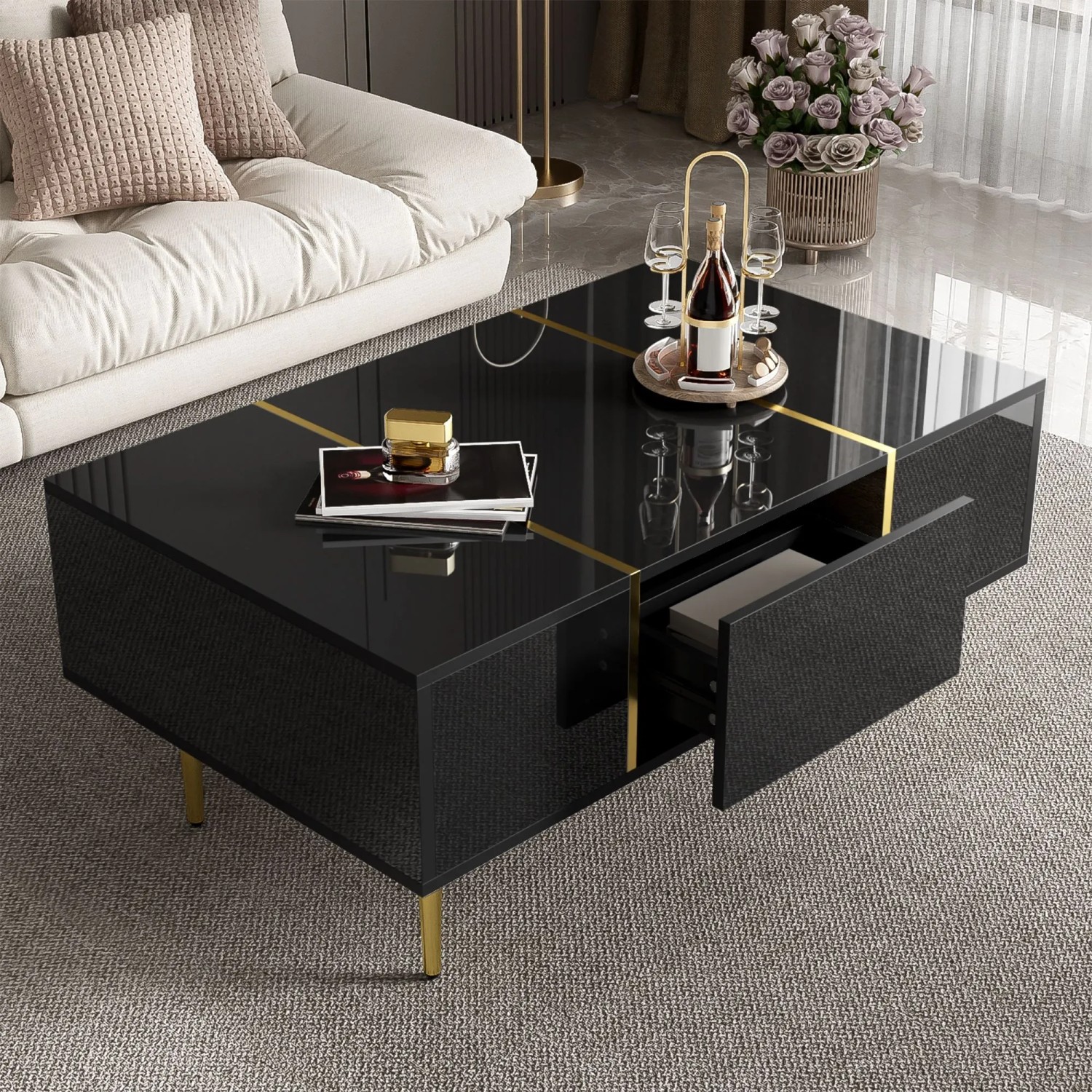 okwish Couchtisch Modern mit Hochglanz und 2 Schubladen 100 x 60 cm Schwarz kaufen bei OBI