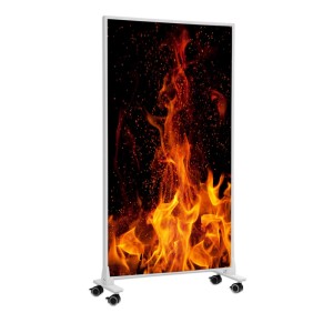 Mobile Könighaus Infrarotheizung mit Lagerfeuer-Motiv, 800W, auf Rollen.