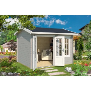 Lasita Maja Gartenhaus Alex, lichtgraues Holzhaus mit geöffneten Doppeltüren im Garten.