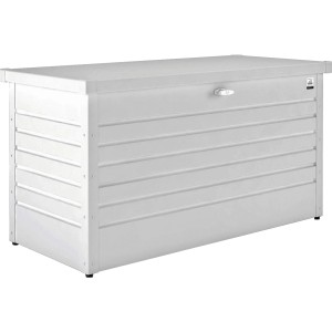 Weiße Biohort Freizeitbox 130: Metall-Universalbox mit Zylinderschloss und Gasdruckfeder für Gartenutensilien.