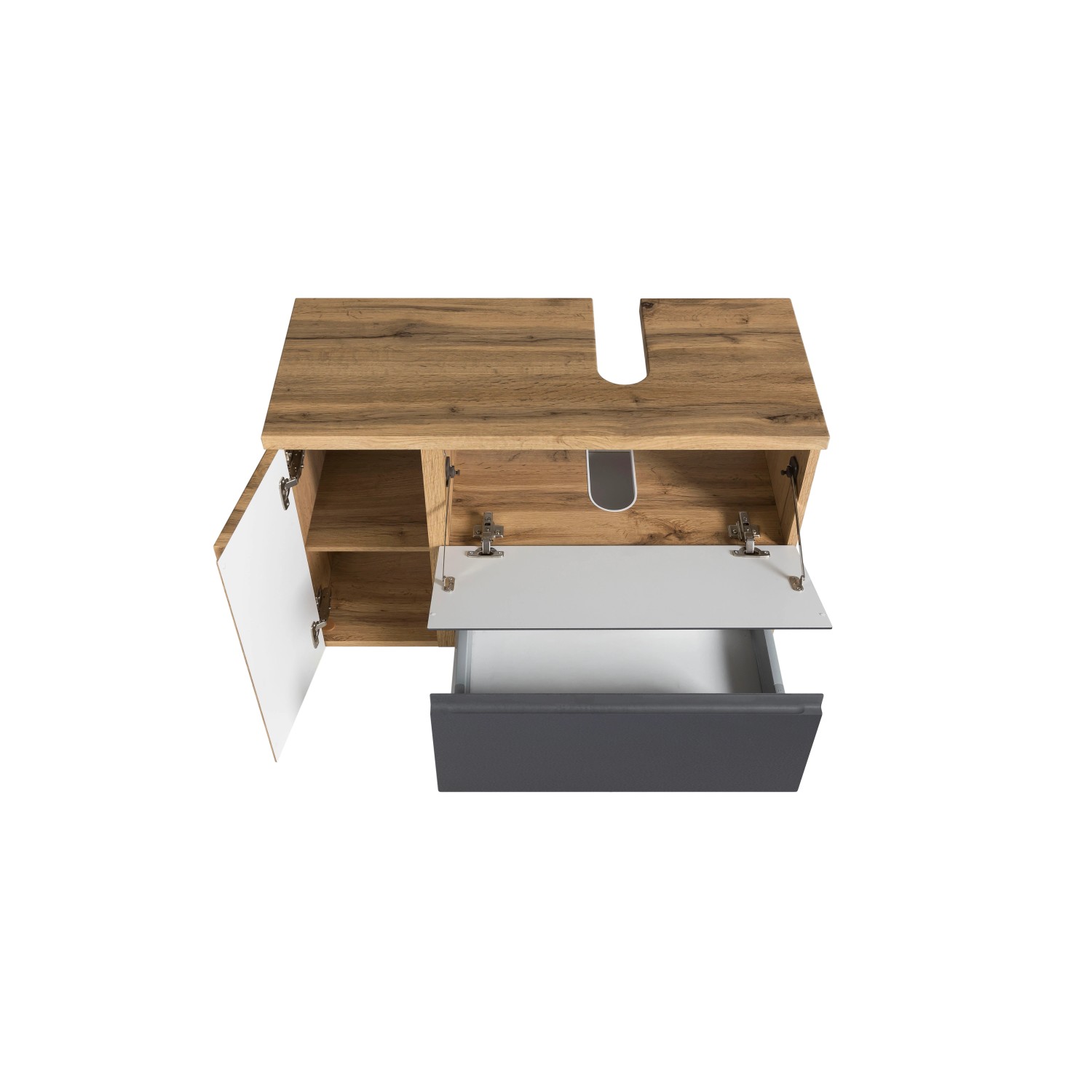 Held Möbel Unterbeckenschrank Ancona, 85cm, grau/Wotaneiche, mit Auszug und Tür rechts