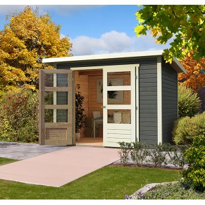 Karibu Holz-Gartenhaus Sitten 4 in Terragrau mit Doppeltür und Fenstern.