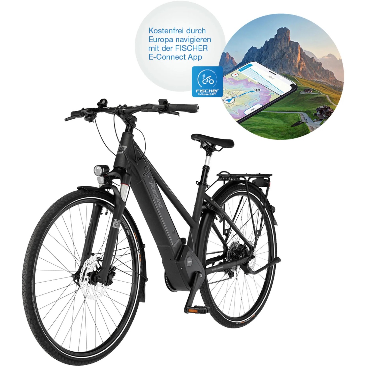 Schwarzes Fischer E-Bike Viator 6.0i mit Trapezrahmen und Brose Mittelmotor.