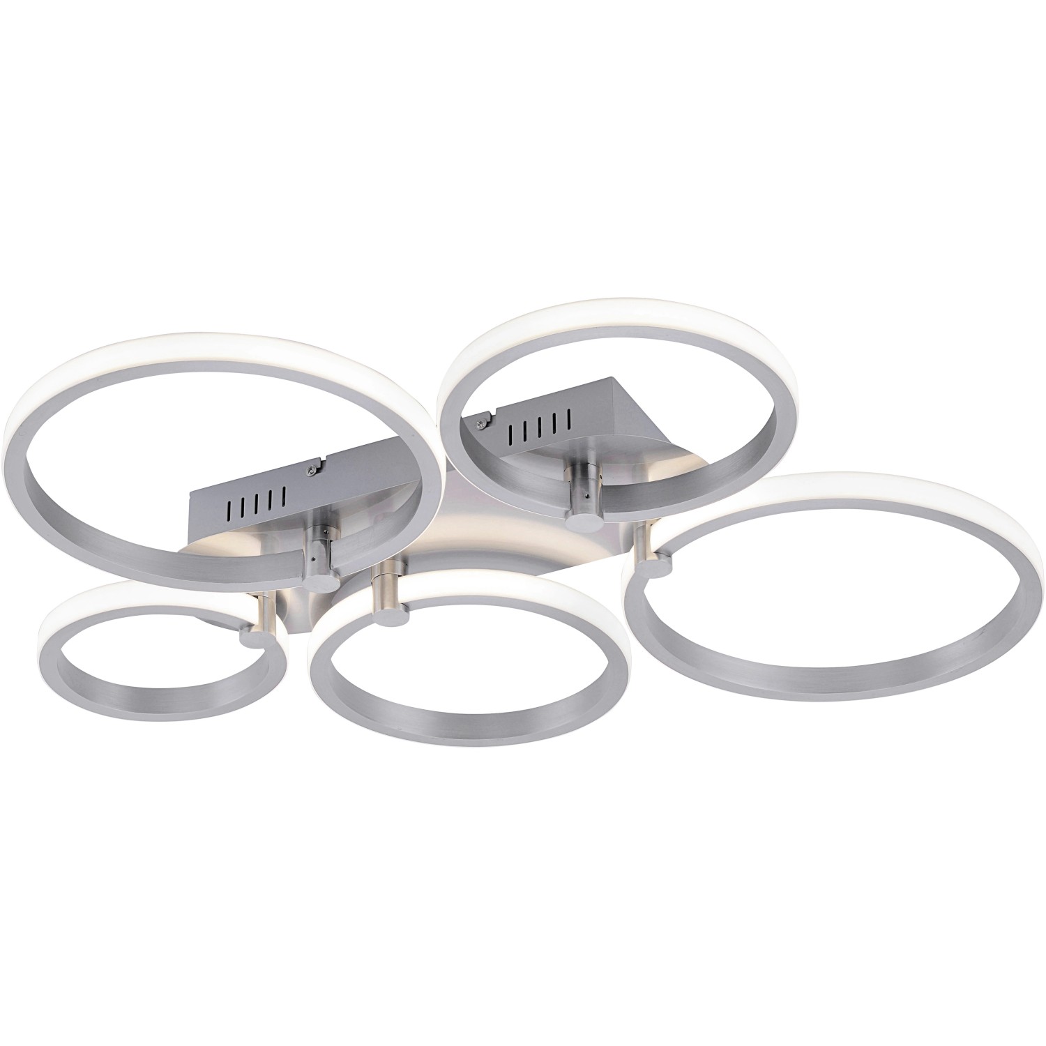 Moderne LED-Deckenleuchte Johanna mit fünf Leuchtringen aus Metall und Stahl.
