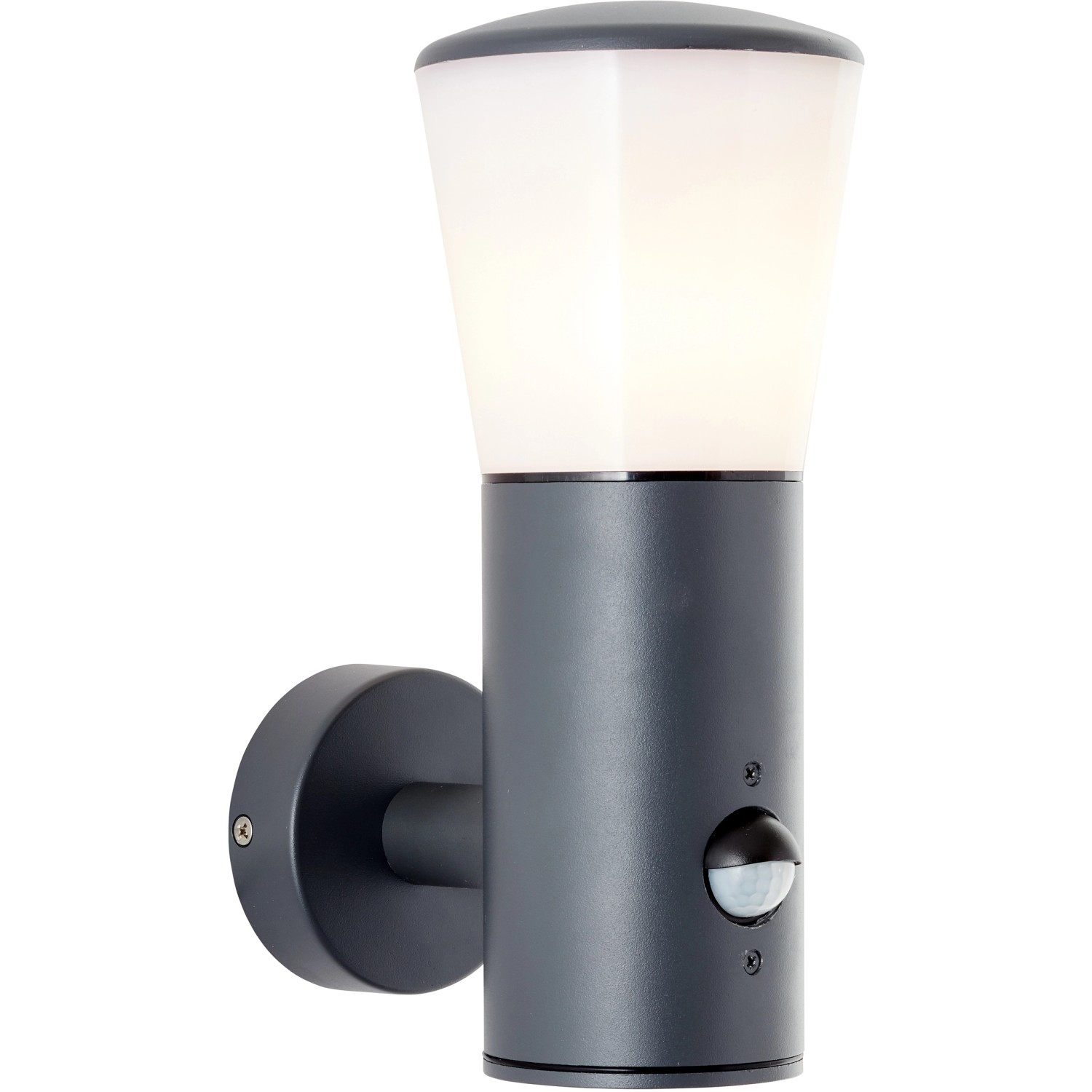 Anthrazitfarbene Brilliant Außenwandleuchte Cliffi mit Bewegungsmelder.