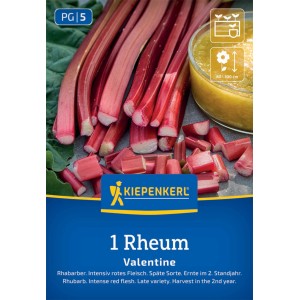 Kiepenkerl Rhabarber Valentine: Rote Stiele und Rhabarberkompott auf der Verpackung.