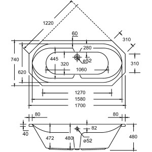 Technische Zeichnung der weißen Achteckwanne Sicilia, 170x75 cm, mit Maßangaben.