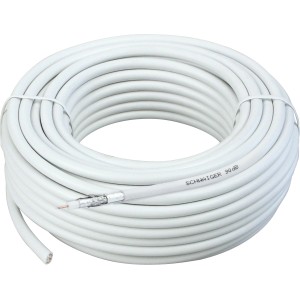 Aufgerolltes, weißes Schwaiger Koaxialkabel 90 dB, 20 m, mit angeschnittenem Ende.