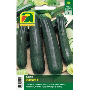 Austrosaat Zucchini Diamant F1 Saatgutpackung mit dunkelgrünen Zucchinis.