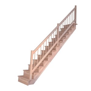 Gerade Buchenholztreppe Lindos mit Setzstufen und Holz-Design-Geländer, unbehandelt.