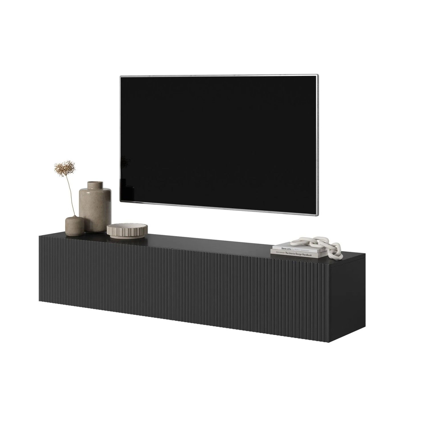 Schwarzes Selsey Veldio TV-Hängeboard 140 cm mit geriffelter Lamellenfront und TV im modernen Wohnzimmer.