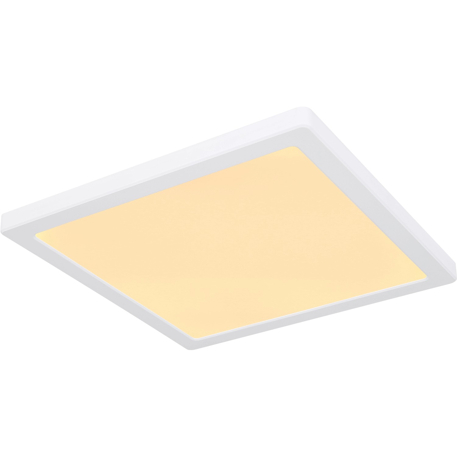 Weiße, quadratische LED-Deckenleuchte Lasse von Globo, 291x291x17 mm, mit einstellbaren Weißtönen.