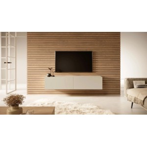 Modernes Selsey TV-Hängeboard Bisira 140 cm in Kaschmirgrau mit grifflosen Fronten unter einem Fernseher.
