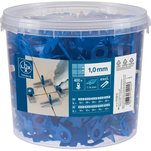 Eimer mit LUX Nivellierhilfe 400 Clips, 1 mm Fugenbreite, blau, für Fliesenlegerarbeiten.