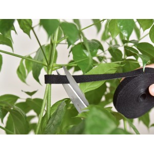 Anwendung des Pflanzenbinders: Eine Pflanze wird mit einer Schere und dem schwarzen Klettbinder fixiert.
