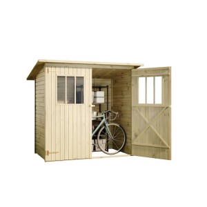 Offenes, unbehandeltes Alpholz Gartenhaus Zimowit mit Pultdach und Fahrrad im Inneren.
