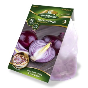Packung Quedlinburger Steckzwiebeln 'Red Emperor', rote, runde Speisezwiebeln.