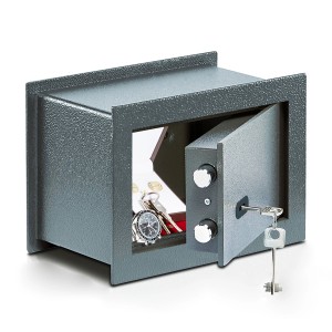 Burg Wächter Wandtresor Pure Safe PSW 110 K Anthrazit, Tresor mit geöffneter Tür und Inhalt.