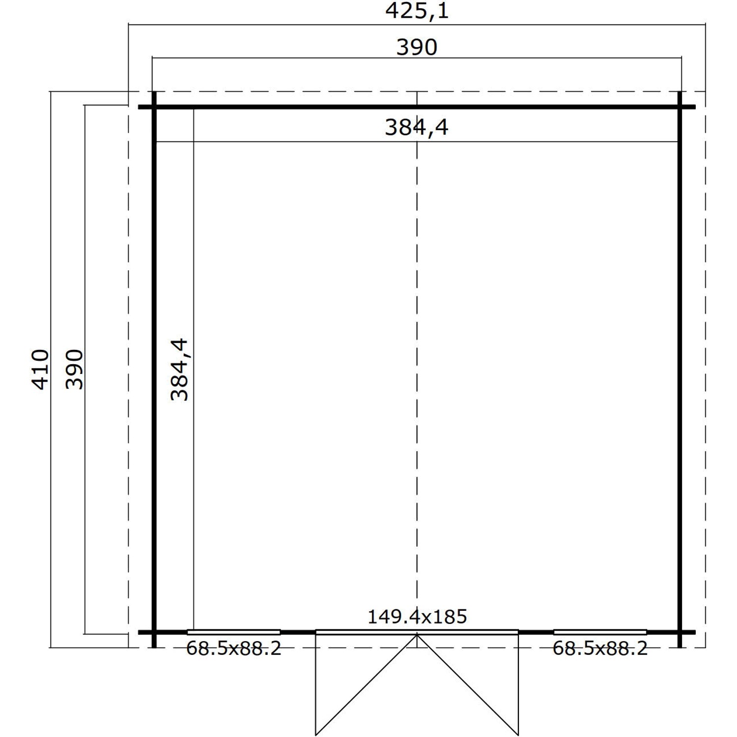 Grundriss Lasita Holz-Gartenhaus Wels 4, Schwedenrot, mit Maßangaben für Breite, Tiefe und Tür.