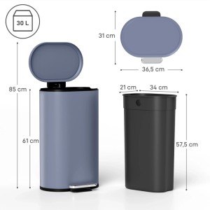 Grauer HOMCOM Treteimer aus Metall, 30L, mit offenem Deckel und schwarzem Inneneimer. Schlankes Design, platzsparend.