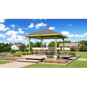 Imprägnierter Weka Holz-Pavillon Paradies 304x304 cm im Garten mit Sitzgruppe.