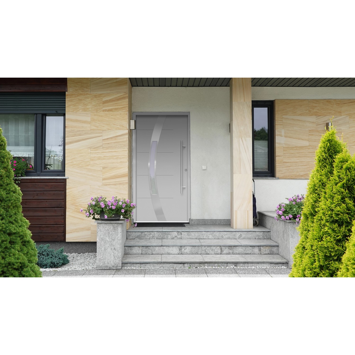 Graue Sicherheits-Haustür ThermoSpace Prime Prag RC2, 110x210 cm, Rechtsanschlag.