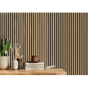 FN Acustico Akustikpaneel Kiefer: Wandpaneel mit hellen Holzlamellen und schwarzem Akustikfilz.