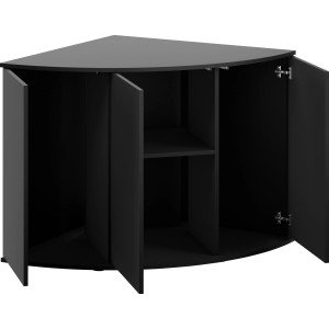 Schwarzer Juwel Aquariumunterschrank SBX Trigon 350 mit offenen Türen und Regalfach.