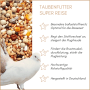 Weiße Taube neben Körnermischung. Supravit Reise Taubenfutter ohne Weizen, für Flugleistung.
