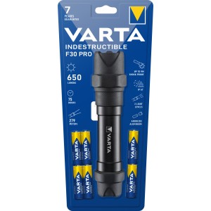 Varta Indestructible F30 Pro LED-Taschenlampe mit Batterien, robust und leistungsstark.