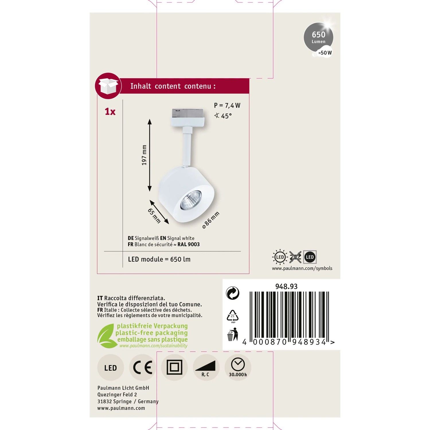 Paulmann LED-Schienenspot Pane, signalweiß, 8,6cm Ø. Warmweißes Licht für URail Schienensysteme.
