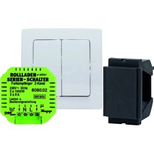 Kopp Funk-Set für Rollladen/Serienschalter Paris, bestehend aus Schalter, Empfänger und Montageclip.