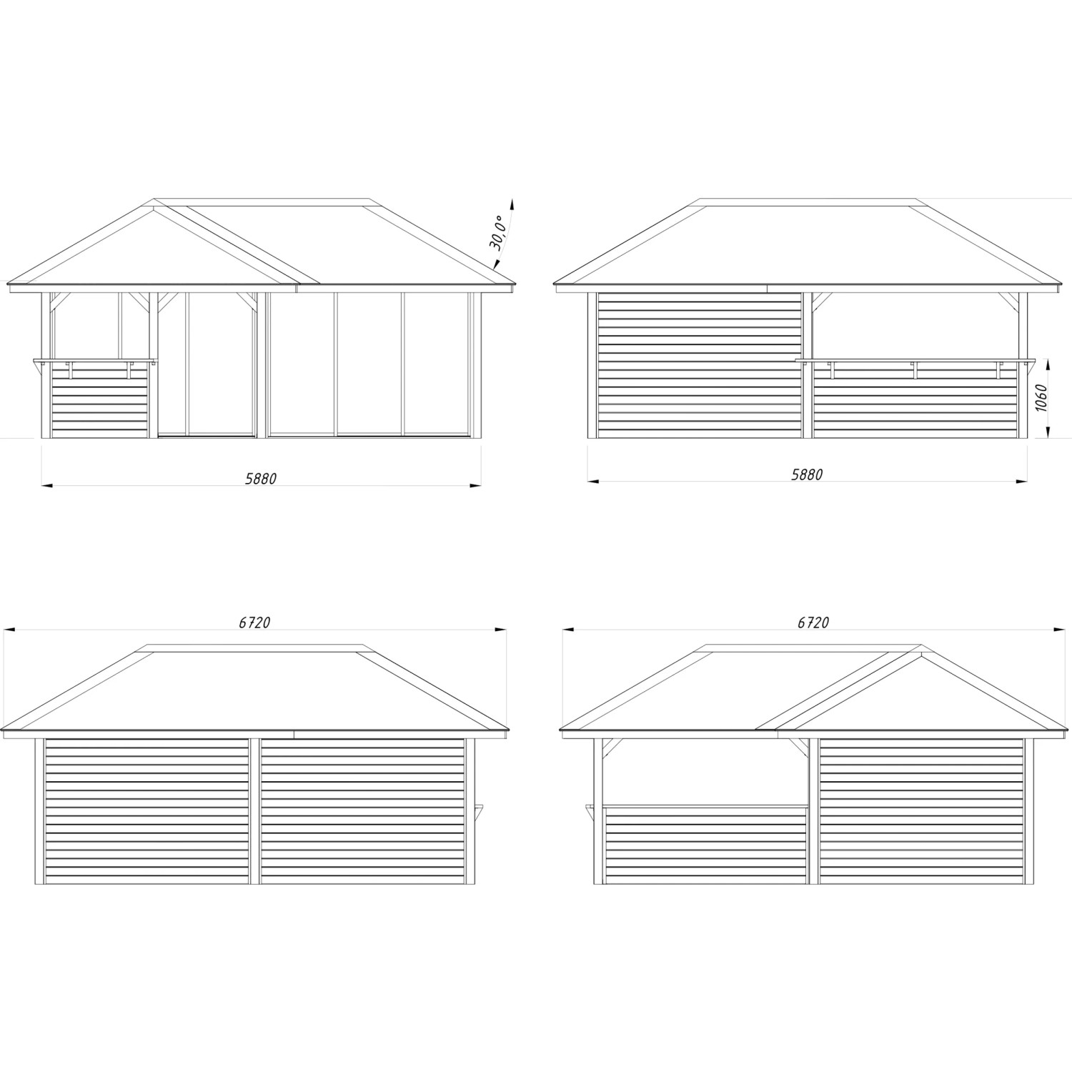 Skizze Palmako Pavillon Bianca Set222 Slide Grau, verschiedene Ansichten mit Maßen.
