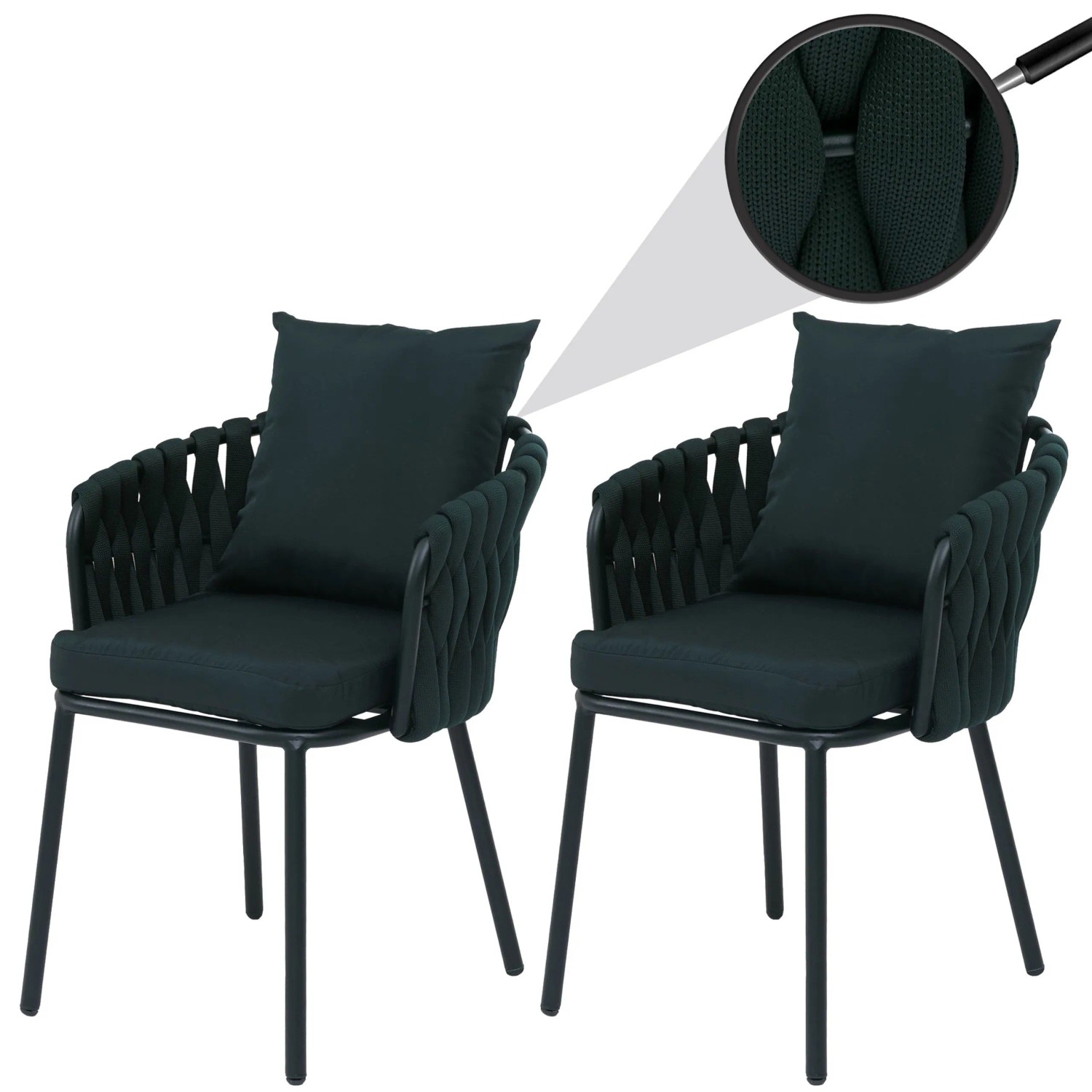 2er-Set grüne MCW Gartenstühle P89 mit Seilgeflecht und Aluminiumgestell.