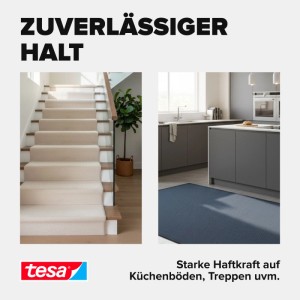 tesa Verlegeband fixiert Teppich auf Treppe und Küchenboden. Extra stark klebend für zuverlässigen Halt.