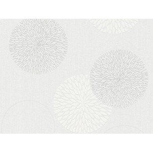 Cremefarbene Vliestapete mit floralem Muster und kreisförmigen Elementen.