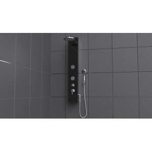 Schütte Glas-Duschpaneel in Anthrazit mit Kopf-, Handbrause und Massagedüsen.