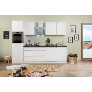 Respekta Küchenzeile, 280 cm, grifflos, Weiß Hochglanz, ohne E-Geräte. Moderne Einbauküche mit viel Stauraum.