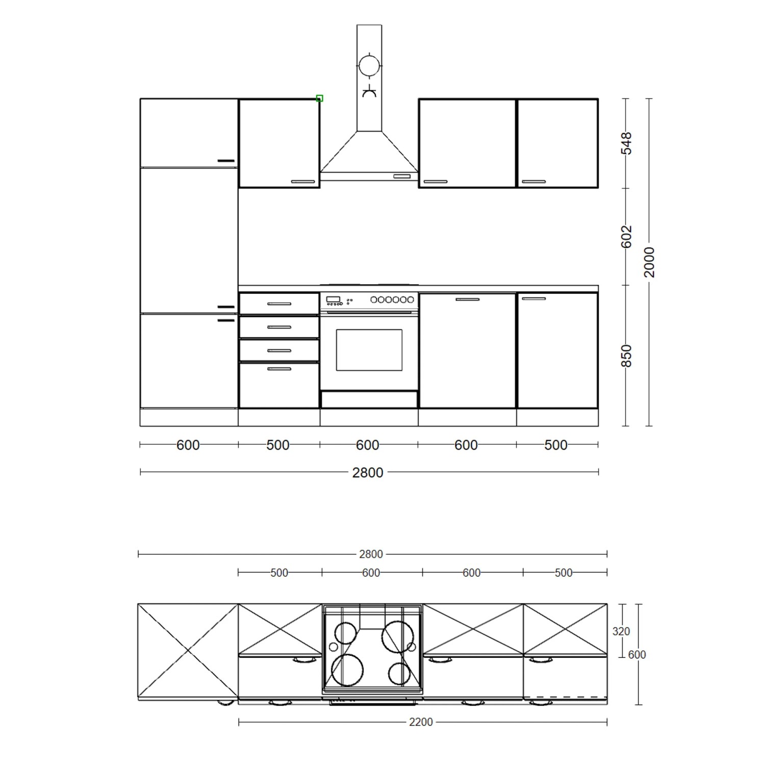 Skizze der weißen Flex-Well Classic Küchenzeile Wito, 280 cm, mit Elektrogeräten und Maßen.