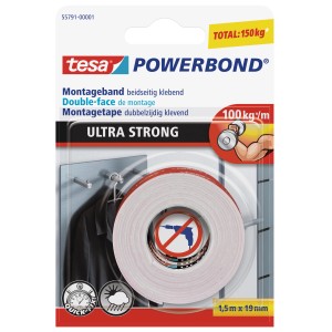 Tesa Powerbond Montageband Ultra Strong, 1,5m x 19mm, beidseitig klebend für Innen- und Außenbereich.