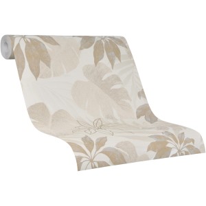 Marburg Vliestapete Avalon Dschungel Beige mit floralem Muster und Blättern.
