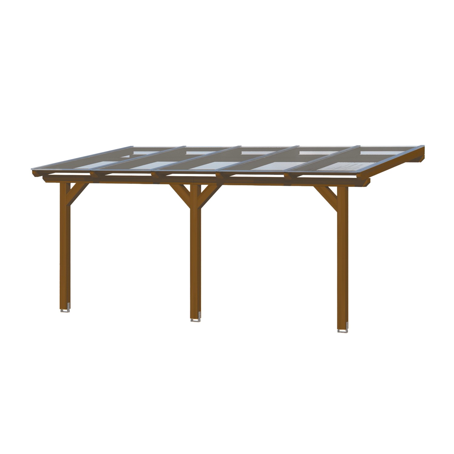 Skan Holz Terrassenüberdachung Bormio, 541x250 cm, Leimholz Nussbaum mit klarer Dacheindeckung.