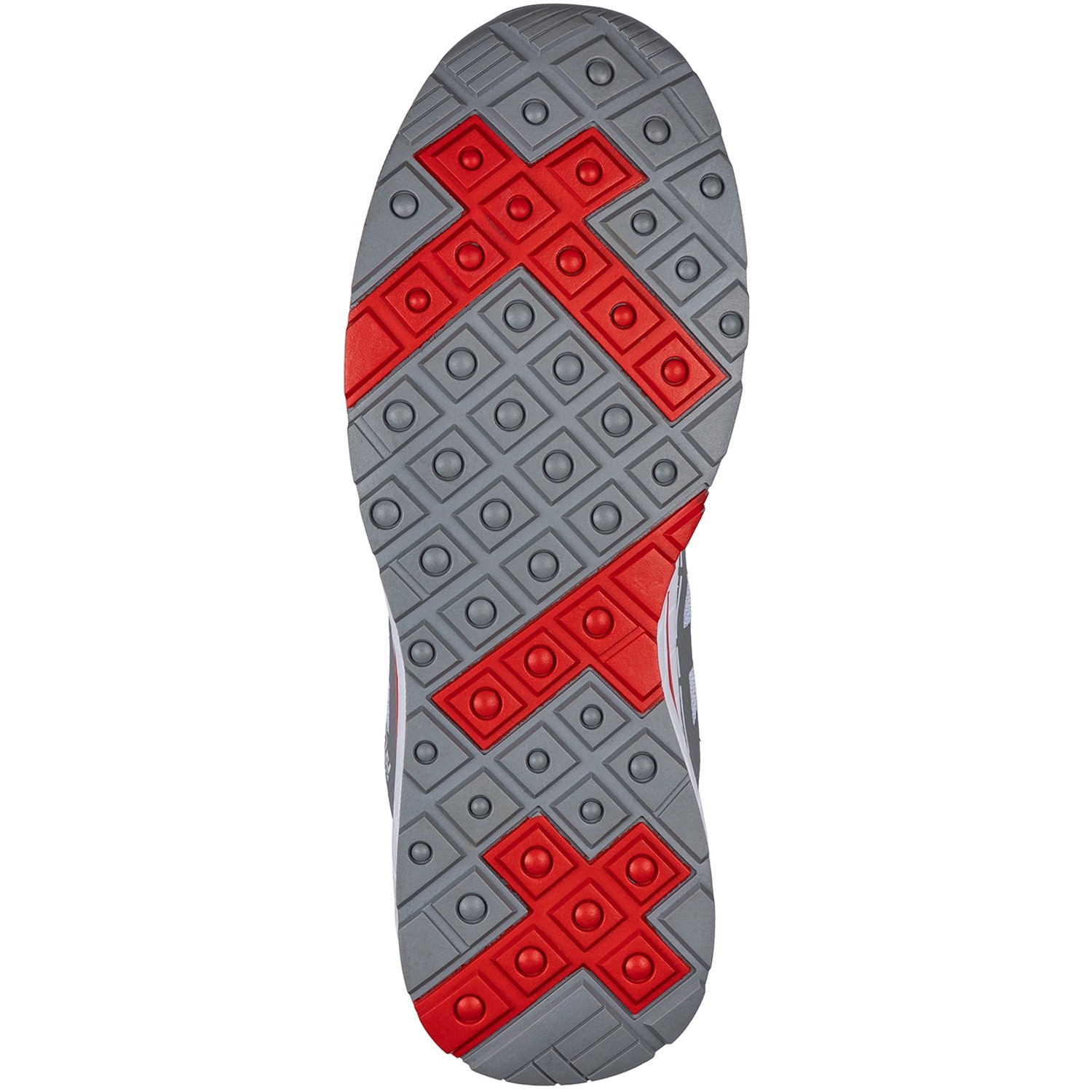Sohle des Kübler Pulse Sneaker S1P, Größe 47, weiß/anthrazit, Arbeitsschuh mit grau-rotem Profil.
