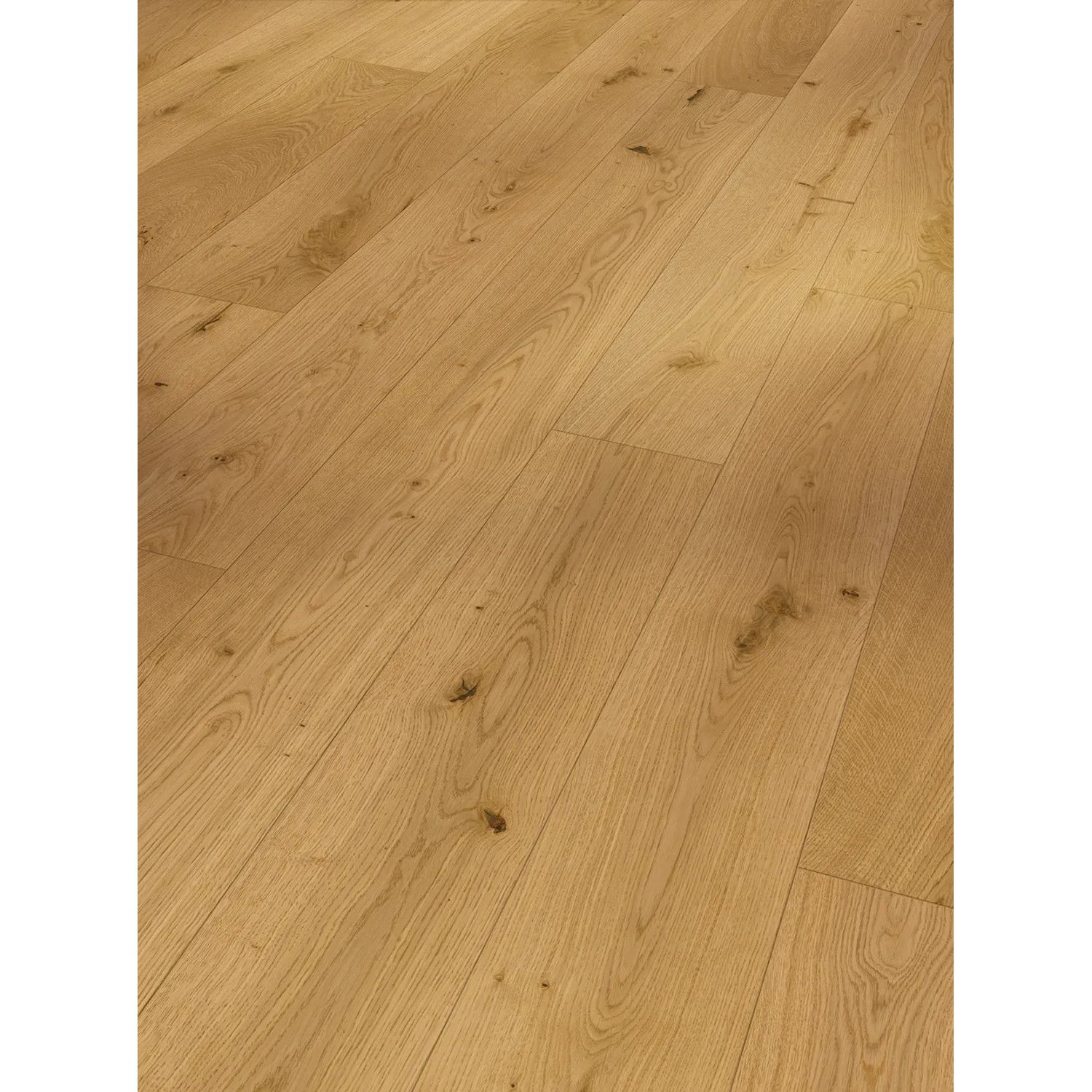 Parador Parkett Eiche Soave Natur, matt lackiert. Holzstruktur mit Astlöchern und Maserung.